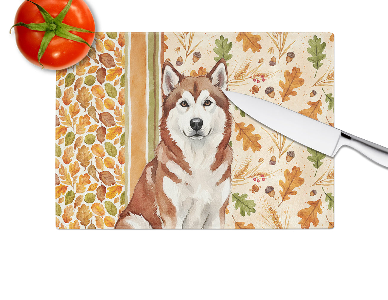 Red and White Alaskan Malamute Heirloom Fall Cutting Board Tempered Glass Kitchen Cutting Surface, Heat Resistant Chopping, Non-Slip Feet, Food Prep & Serving