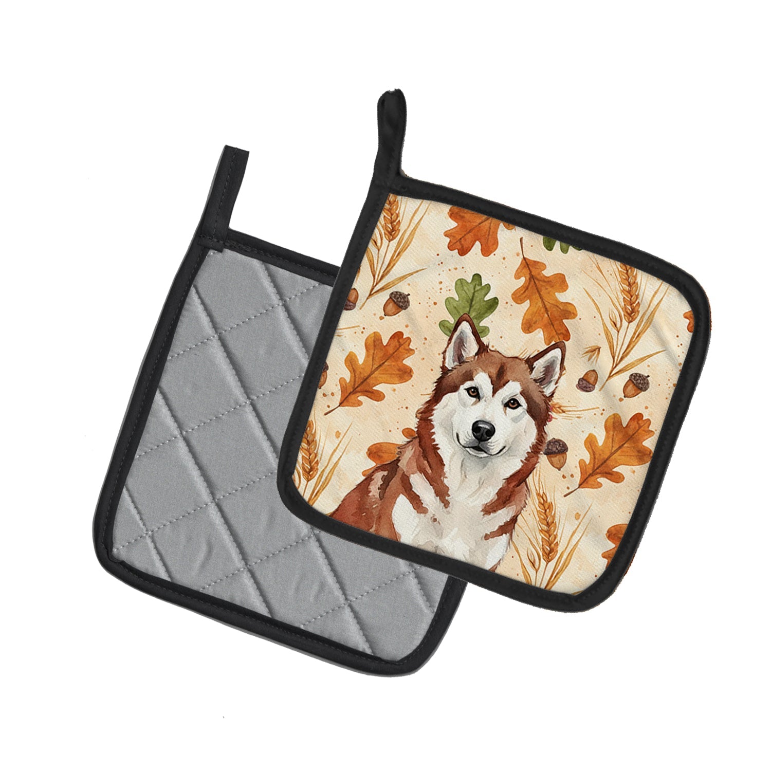 Red and White Alaskan Malamute Heirloom Fall Pot Holder Set of 2 Heat Resistant Quilted Hot Pads 7.5 x 7.5 Inch, Insulated Kitchen Trivets for Cooking & Baking