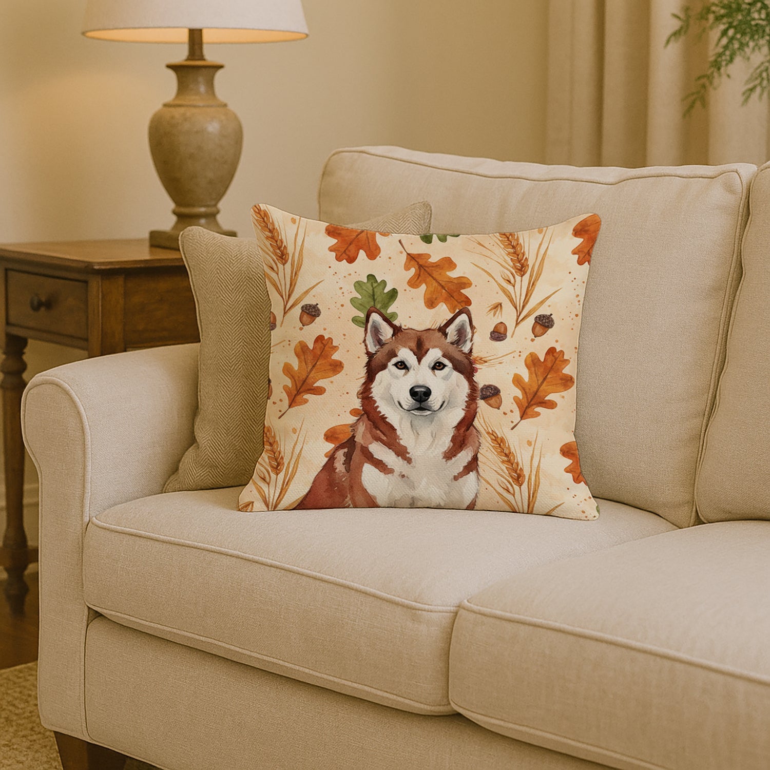 Red and White Alaskan Malamute Heirloom Fall Decorative Throw Pillow 14x14 Indoor Outdoor Accent Cushion, Fabric Cover with Insert for Sofa, Bed, Porch & Living Room