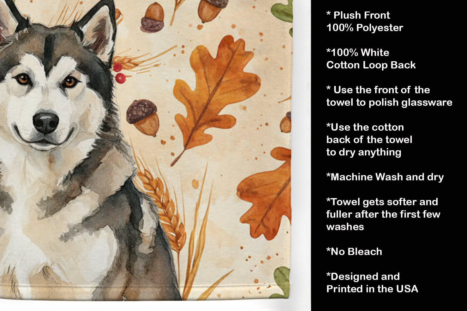 Sable and White Alaskan Malamute Heirloom Fall Kitchen Towel Velour Plush Front and Cotton Loop Back Machine Washable