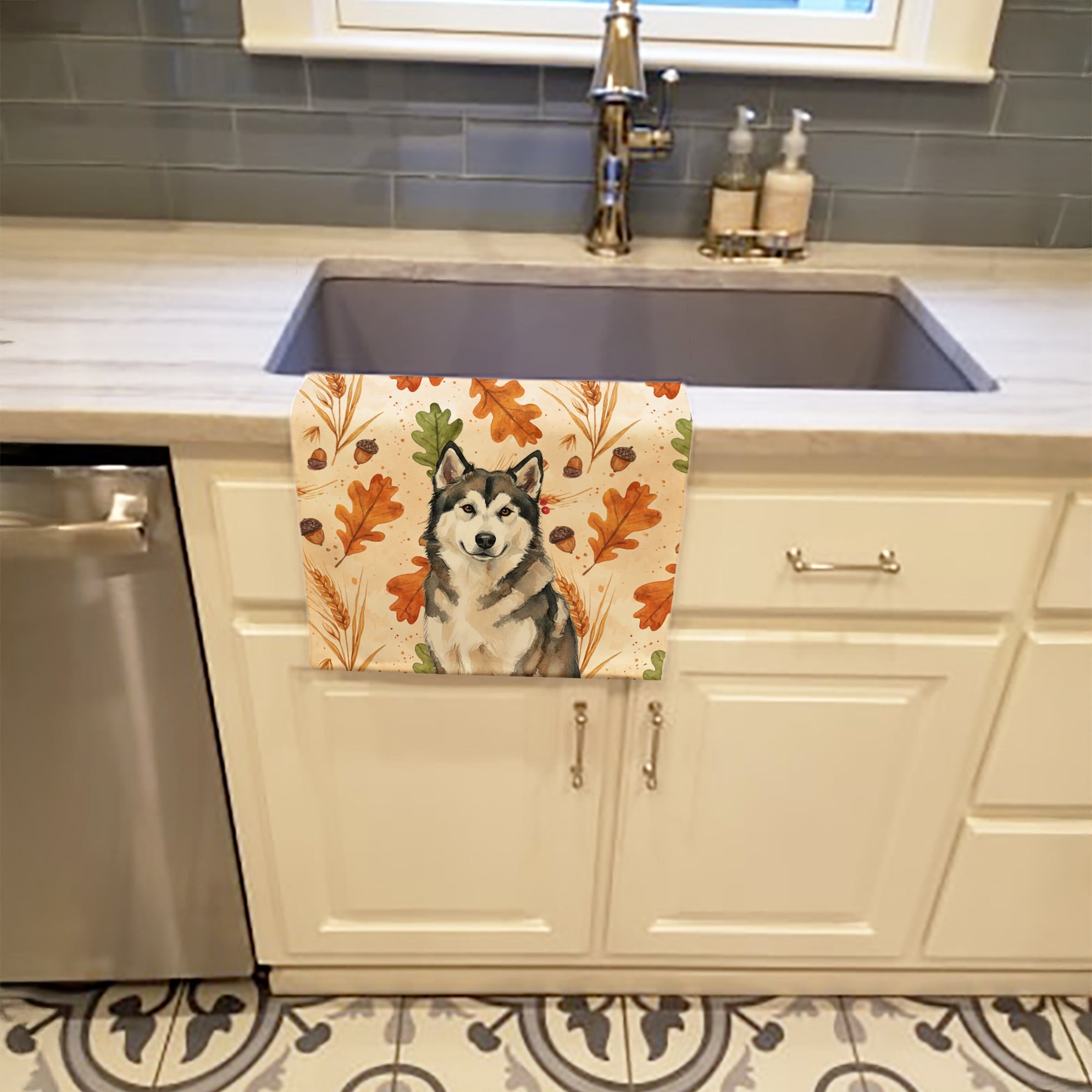 Sable and White Alaskan Malamute Heirloom Fall Kitchen Towel Velour Plush Front and Cotton Loop Back Machine Washable