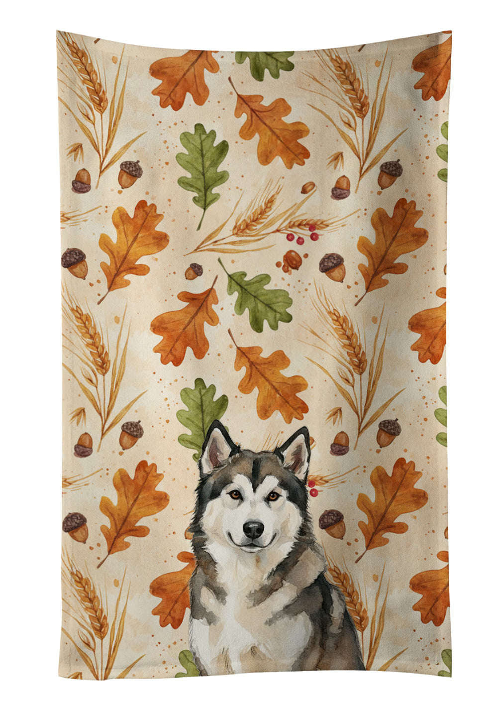Sable and White Alaskan Malamute Heirloom Fall Kitchen Towel Velour Plush Front and Cotton Loop Back Machine Washable