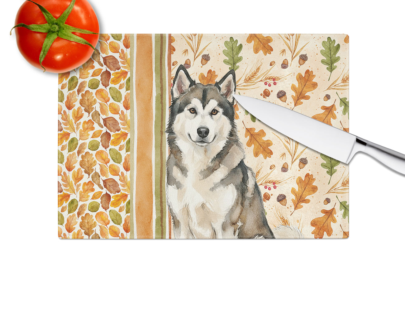 Sable and White Alaskan Malamute Heirloom Fall Cutting Board Tempered Glass Kitchen Cutting Surface, Heat Resistant Chopping, Non-Slip Feet, Food Prep & Serving