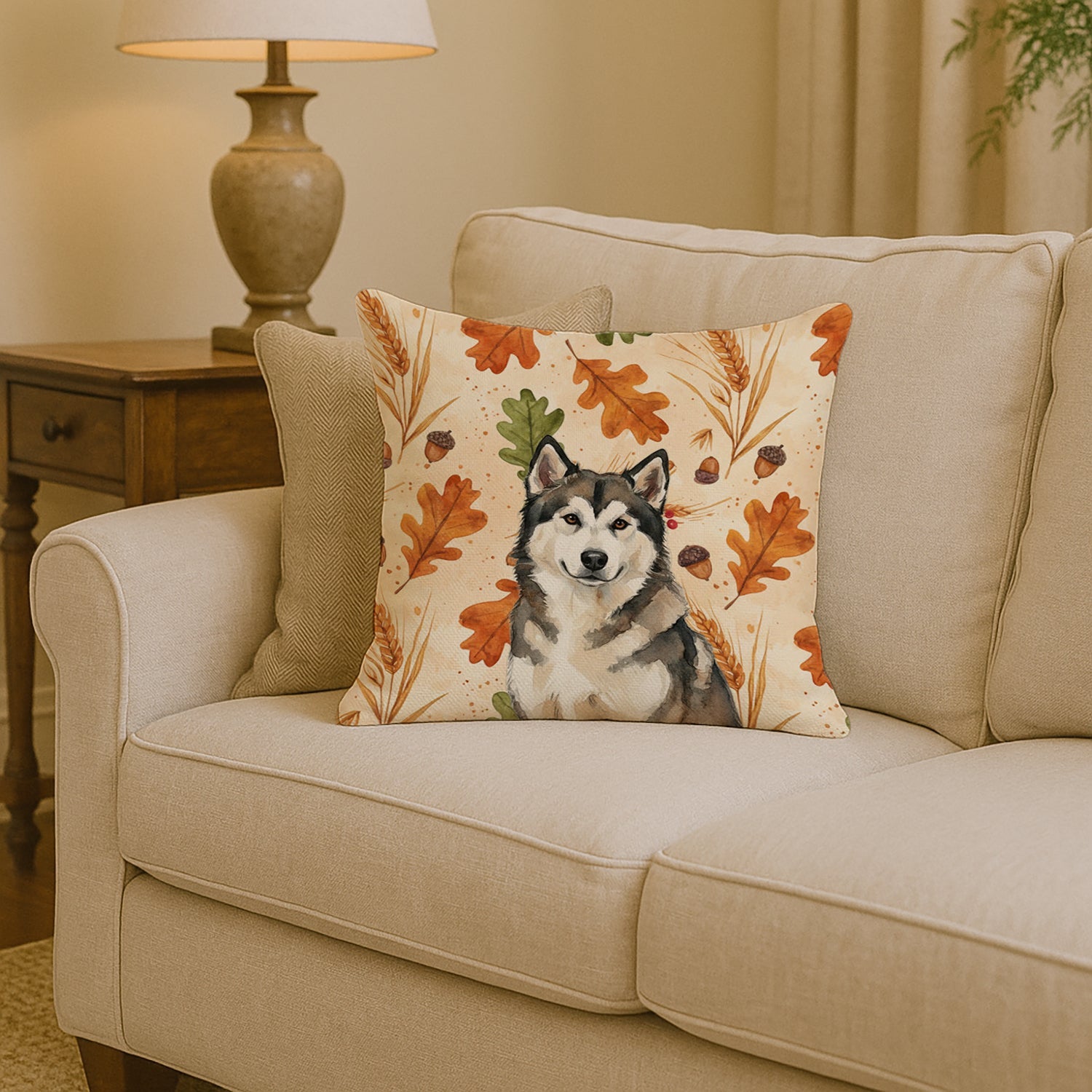 Sable and White Alaskan Malamute Heirloom Fall Decorative Throw Pillow 14x14 Indoor Outdoor Accent Cushion, Fabric Cover with Insert for Sofa, Bed, Porch & Living Room