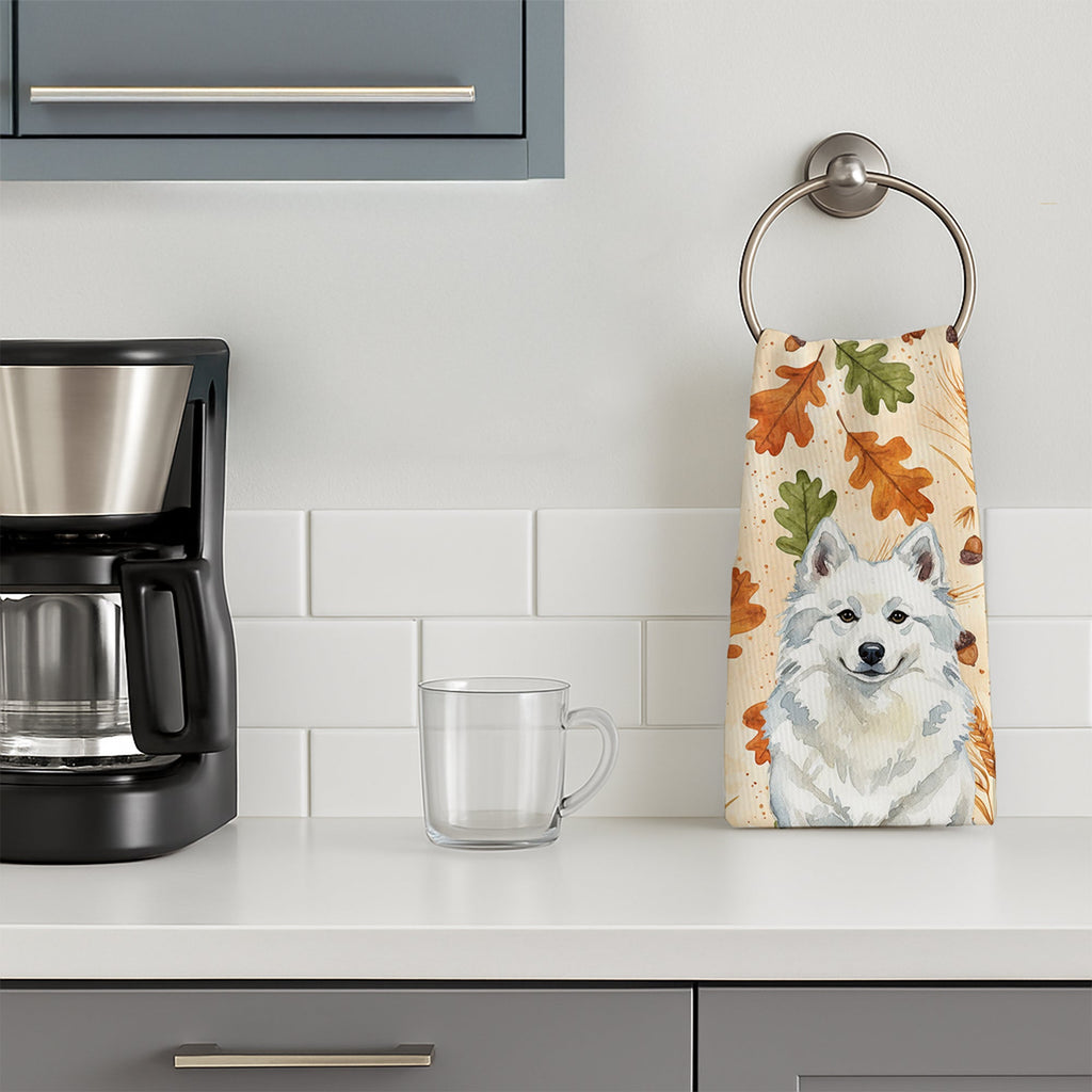 American Eskimo Heirloom Fall Kitchen Towel Velour Plush Front and Cotton Loop Back Machine Washable