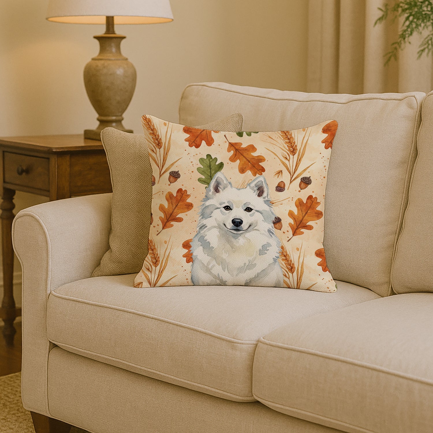 American Eskimo Heirloom Fall Decorative Throw Pillow 14x14 Indoor Outdoor Accent Cushion, Fabric Cover with Insert for Sofa, Bed, Porch & Living Room