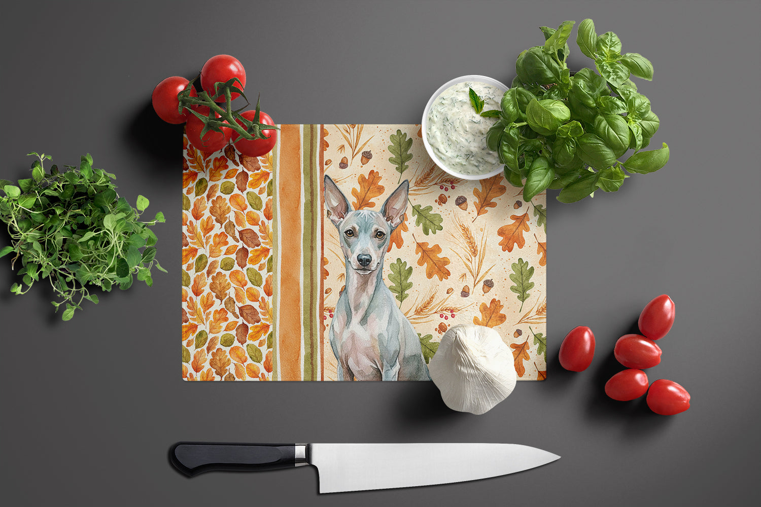 American Hairless Terrier Heirloom Fall Cutting Board Tempered Glass Kitchen Cutting Surface, Heat Resistant Chopping, Non-Slip Feet, Food Prep & Serving