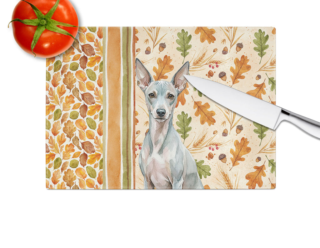 American Hairless Terrier Heirloom Fall Cutting Board Tempered Glass Kitchen Cutting Surface, Heat Resistant Chopping, Non-Slip Feet, Food Prep & Serving