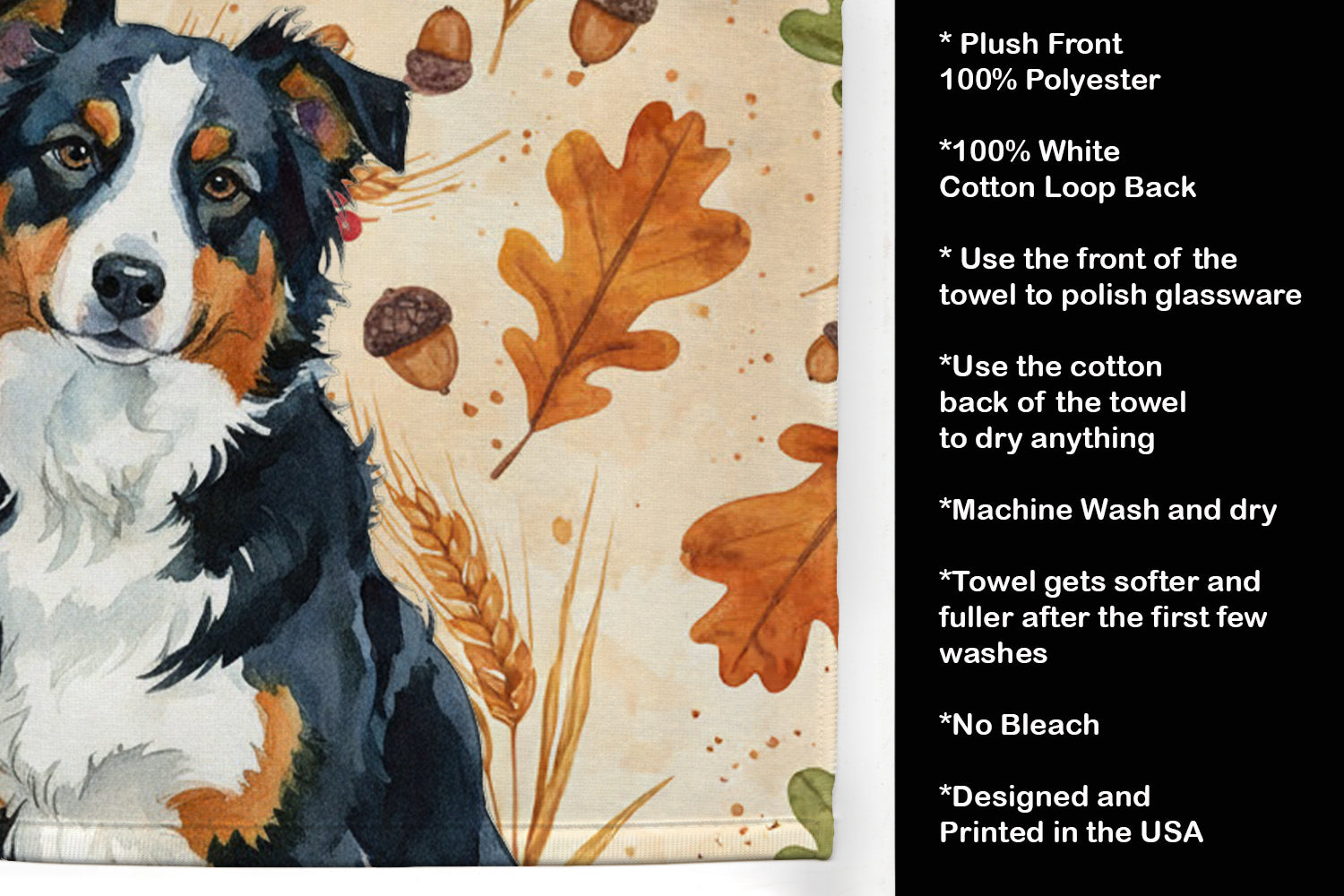 Black Tri American Shepherd Heirloom Fall Kitchen Towel Velour Plush Front and Cotton Loop Back Machine Washable