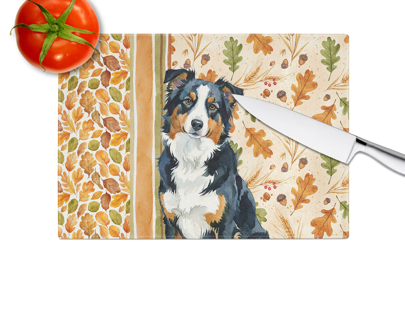 Black Tri American Shepherd Heirloom Fall Cutting Board Tempered Glass Kitchen Cutting Surface, Heat Resistant Chopping, Non-Slip Feet, Food Prep & Serving