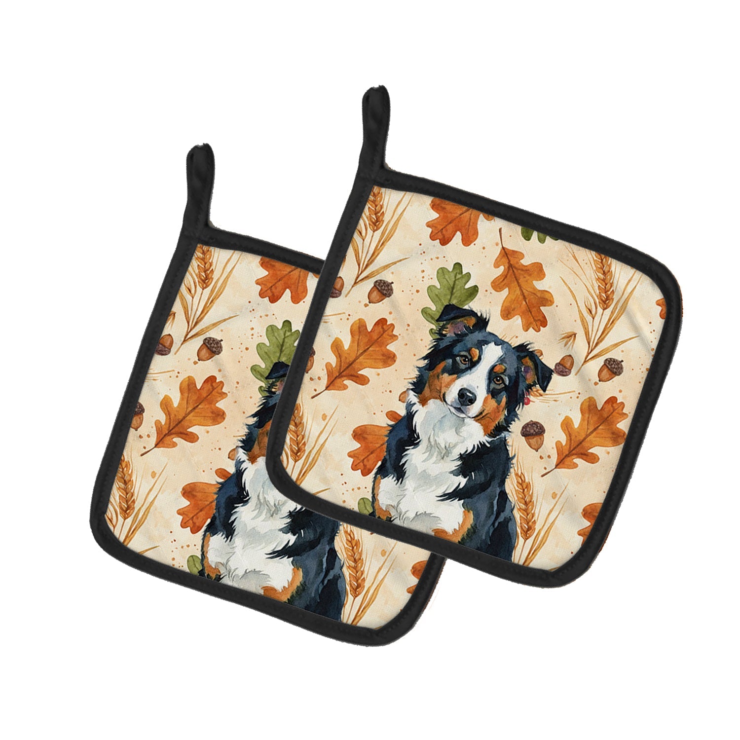 Black Tri American Shepherd Heirloom Fall Pot Holder Set of 2 Heat Resistant Quilted Hot Pads 7.5 x 7.5 Inch, Insulated Kitchen Trivets for Cooking & Baking