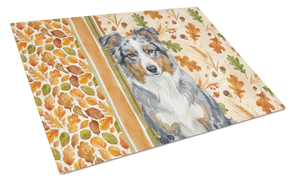 Blue Merle American Shepherd Heirloom Fall Cutting Board Tempered Glass Kitchen Cutting Surface, Heat Resistant Chopping, Non-Slip Feet, Food Prep & Serving