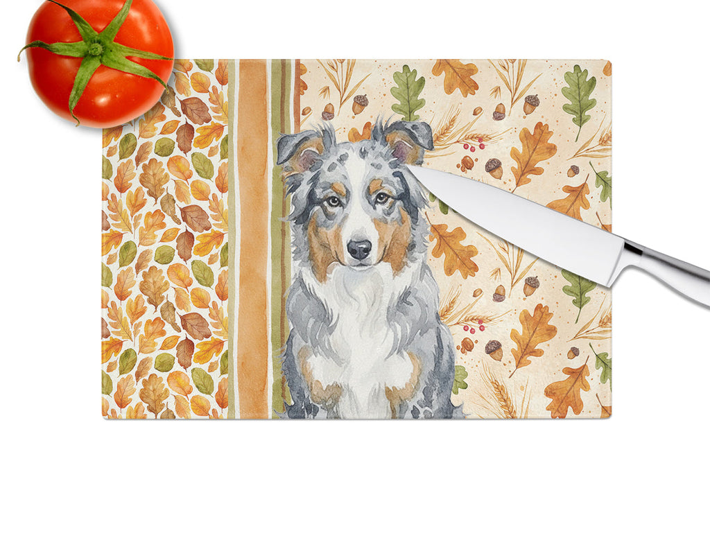 Blue Merle American Shepherd Heirloom Fall Cutting Board Tempered Glass Kitchen Cutting Surface, Heat Resistant Chopping, Non-Slip Feet, Food Prep & Serving