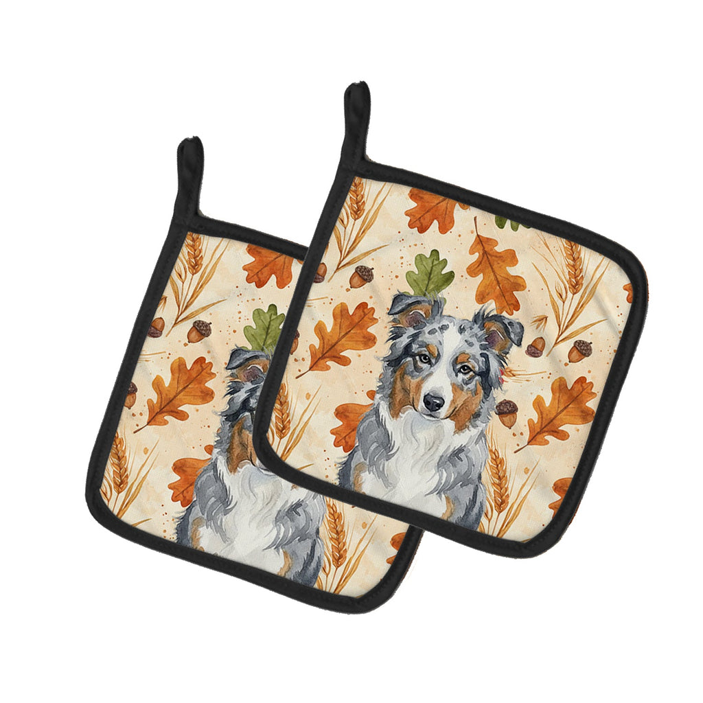 Blue Merle American Shepherd Heirloom Fall Pot Holder Set of 2 Heat Resistant Quilted Hot Pads 7.5 x 7.5 Inch, Insulated Kitchen Trivets for Cooking & Baking