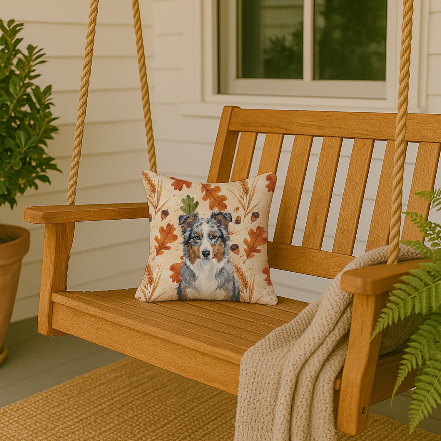 Blue Merle American Shepherd Heirloom Fall Decorative Throw Pillow 14x14 Indoor Outdoor Accent Cushion, Fabric Cover with Insert for Sofa, Bed, Porch & Living Room