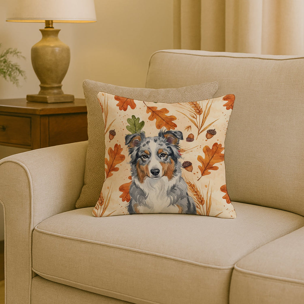Blue Merle American Shepherd Heirloom Fall Decorative Throw Pillow 18x18 Indoor Outdoor Accent Cushion, Fabric Cover with Insert for Sofa, Bed, Porch & Living Room