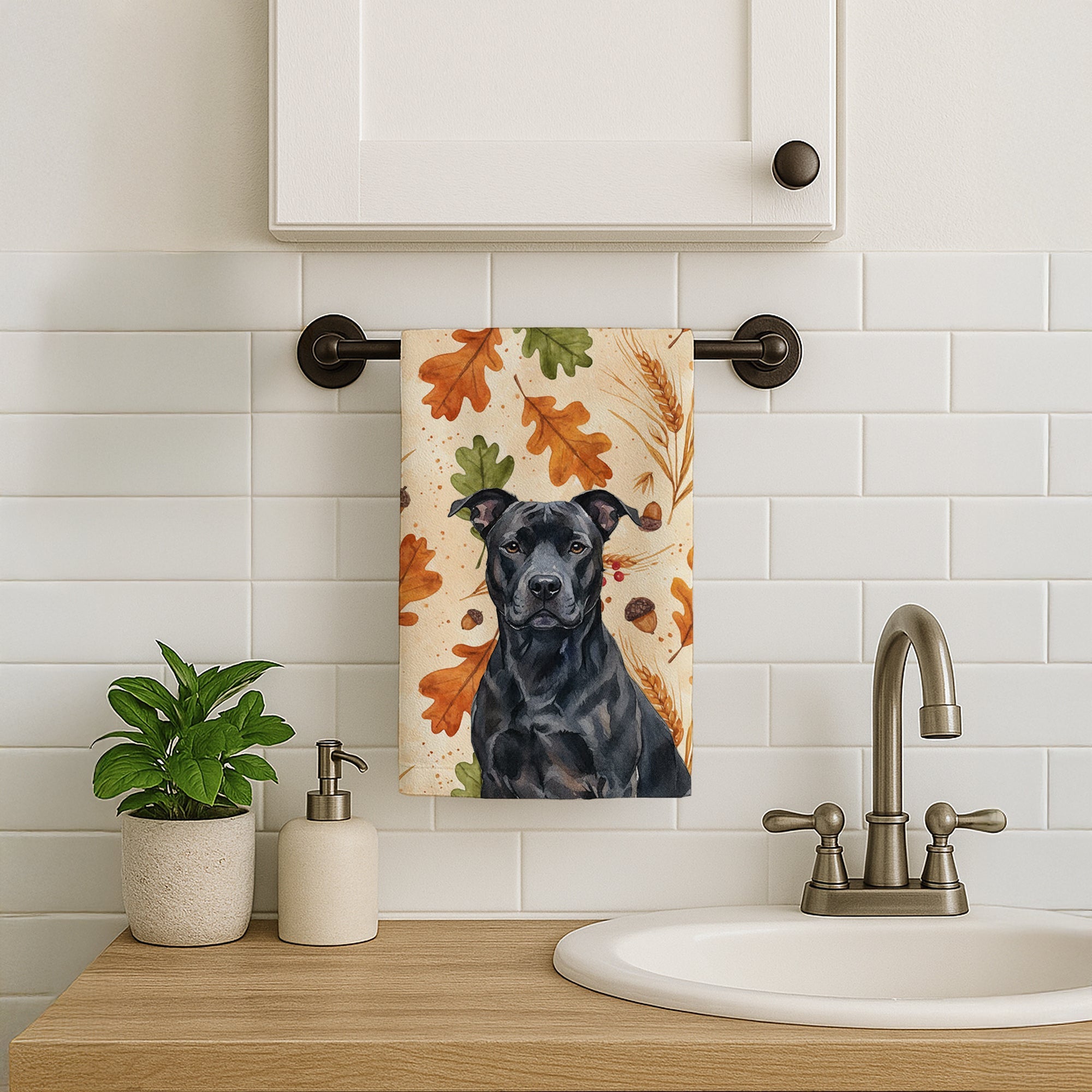 Black American Staffordshire Terrier Heirloom Fall Kitchen Towel Velour Plush Front and Cotton Loop Back Machine Washable