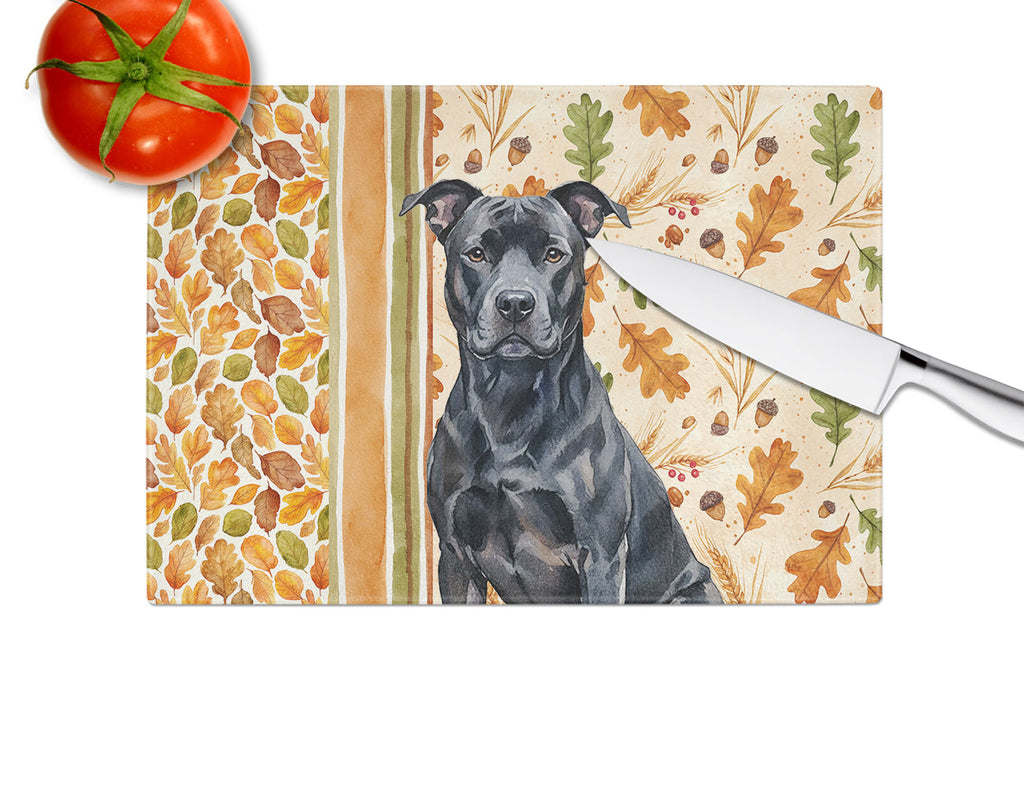 Black American Staffordshire Terrier Heirloom Fall Cutting Board Tempered Glass Kitchen Cutting Surface, Heat Resistant Chopping, Non-Slip Feet, Food Prep & Serving