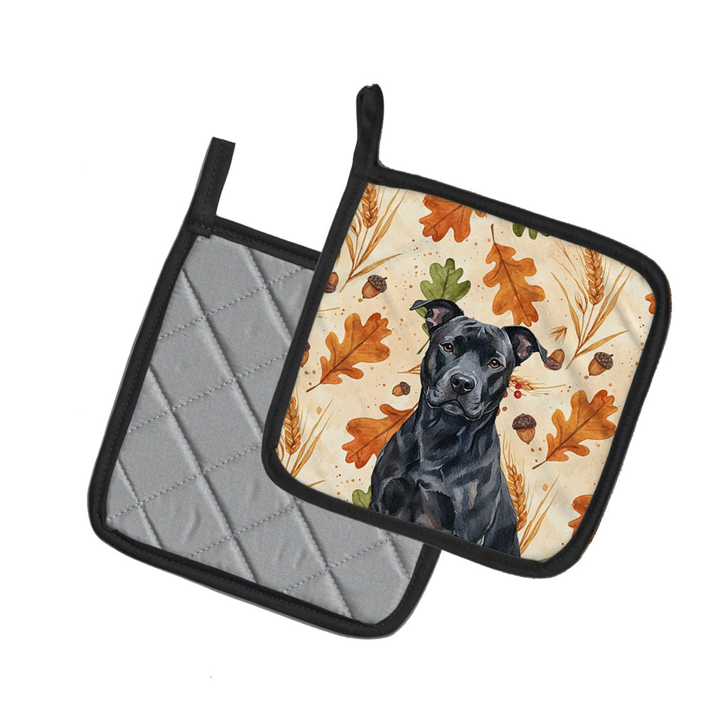 Black American Staffordshire Terrier Heirloom Fall Pot Holder Set of 2 Heat Resistant Quilted Hot Pads 7.5 x 7.5 Inch, Insulated Kitchen Trivets for Cooking & Baking