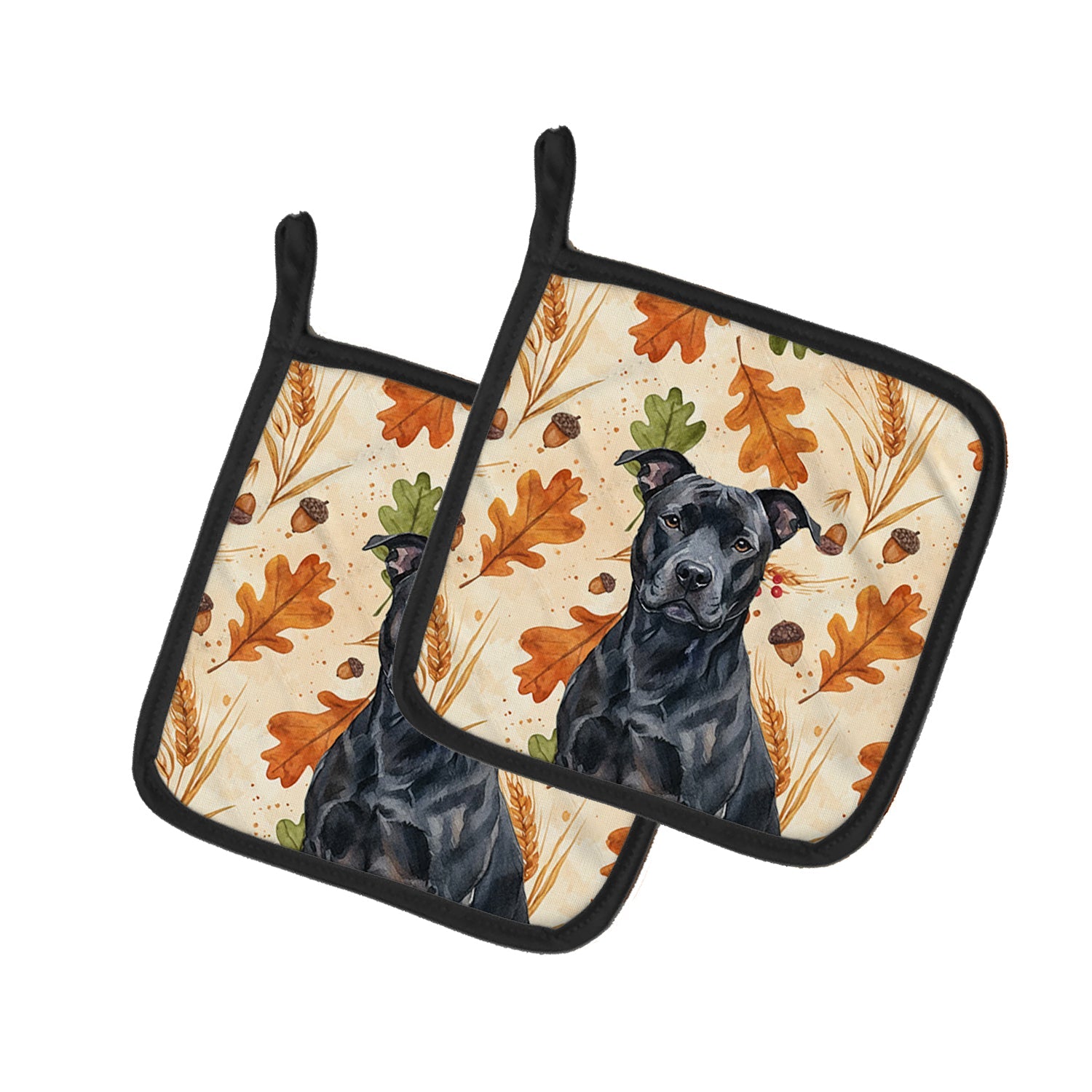Black American Staffordshire Terrier Heirloom Fall Pot Holder Set of 2 Heat Resistant Quilted Hot Pads 7.5 x 7.5 Inch, Insulated Kitchen Trivets for Cooking & Baking
