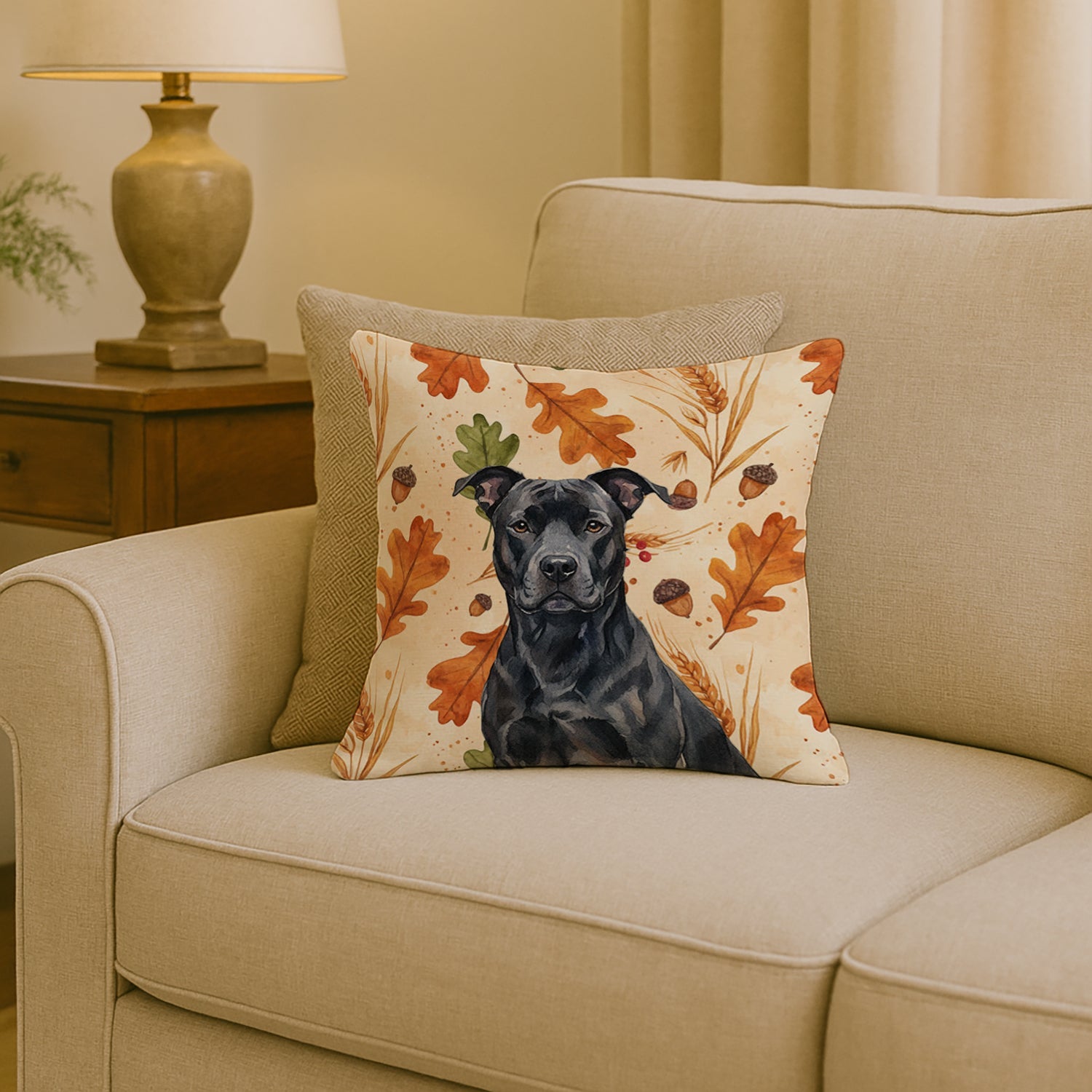 Black American Staffordshire Terrier Heirloom Fall Decorative Throw Pillow 18x18 Indoor Outdoor Accent Cushion, Fabric Cover with Insert for Sofa, Bed, Porch & Living Room