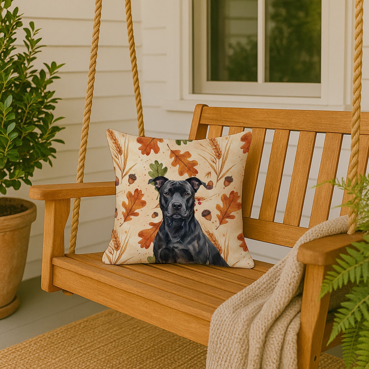 Black American Staffordshire Terrier Heirloom Fall Decorative Throw Pillow 18x18 Indoor Outdoor Accent Cushion, Fabric Cover with Insert for Sofa, Bed, Porch & Living Room
