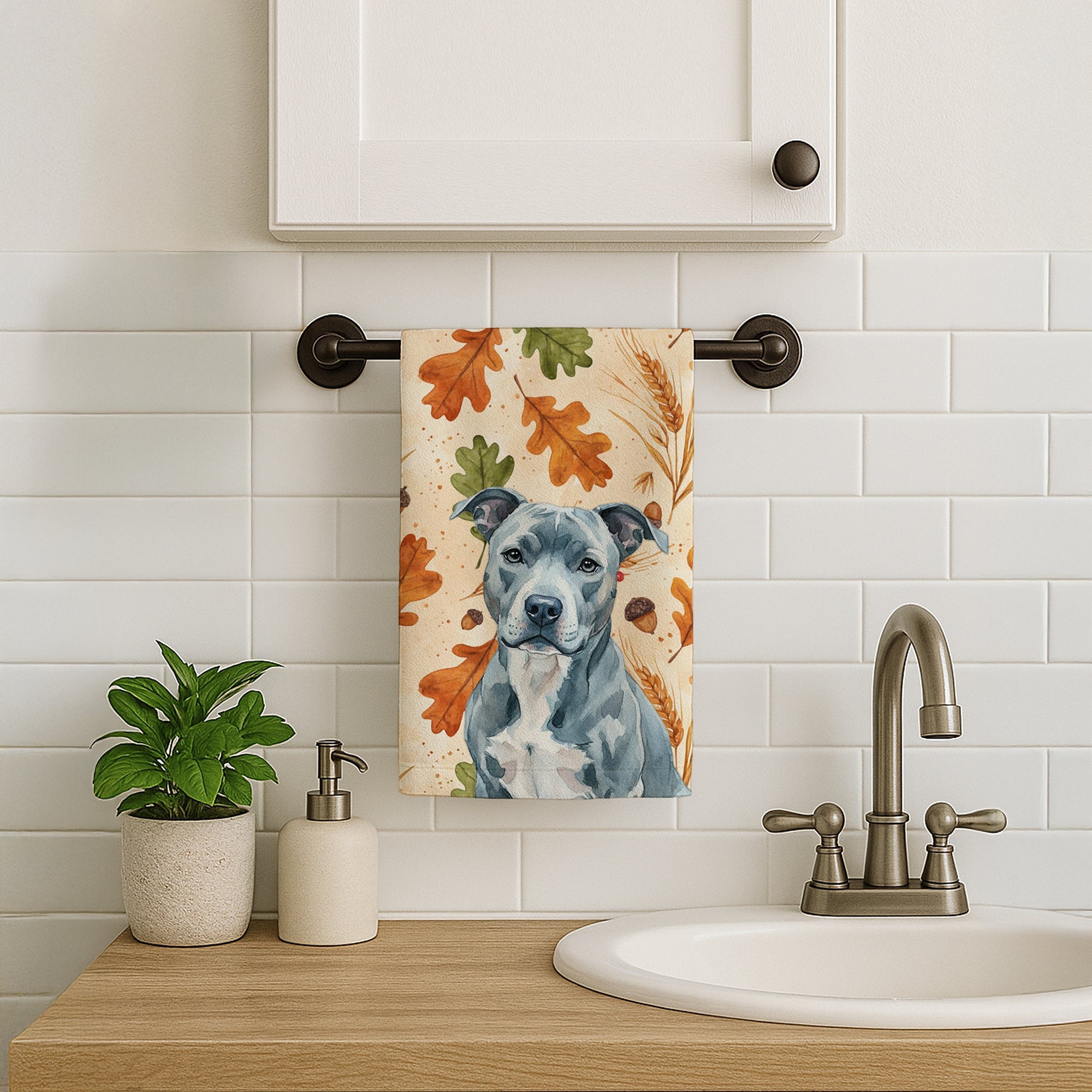 Blue American Staffordshire Terrier Heirloom Fall Kitchen Towel Velour Plush Front and Cotton Loop Back Machine Washable