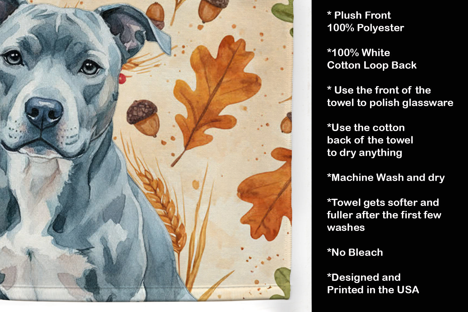 Blue American Staffordshire Terrier Heirloom Fall Kitchen Towel Velour Plush Front and Cotton Loop Back Machine Washable