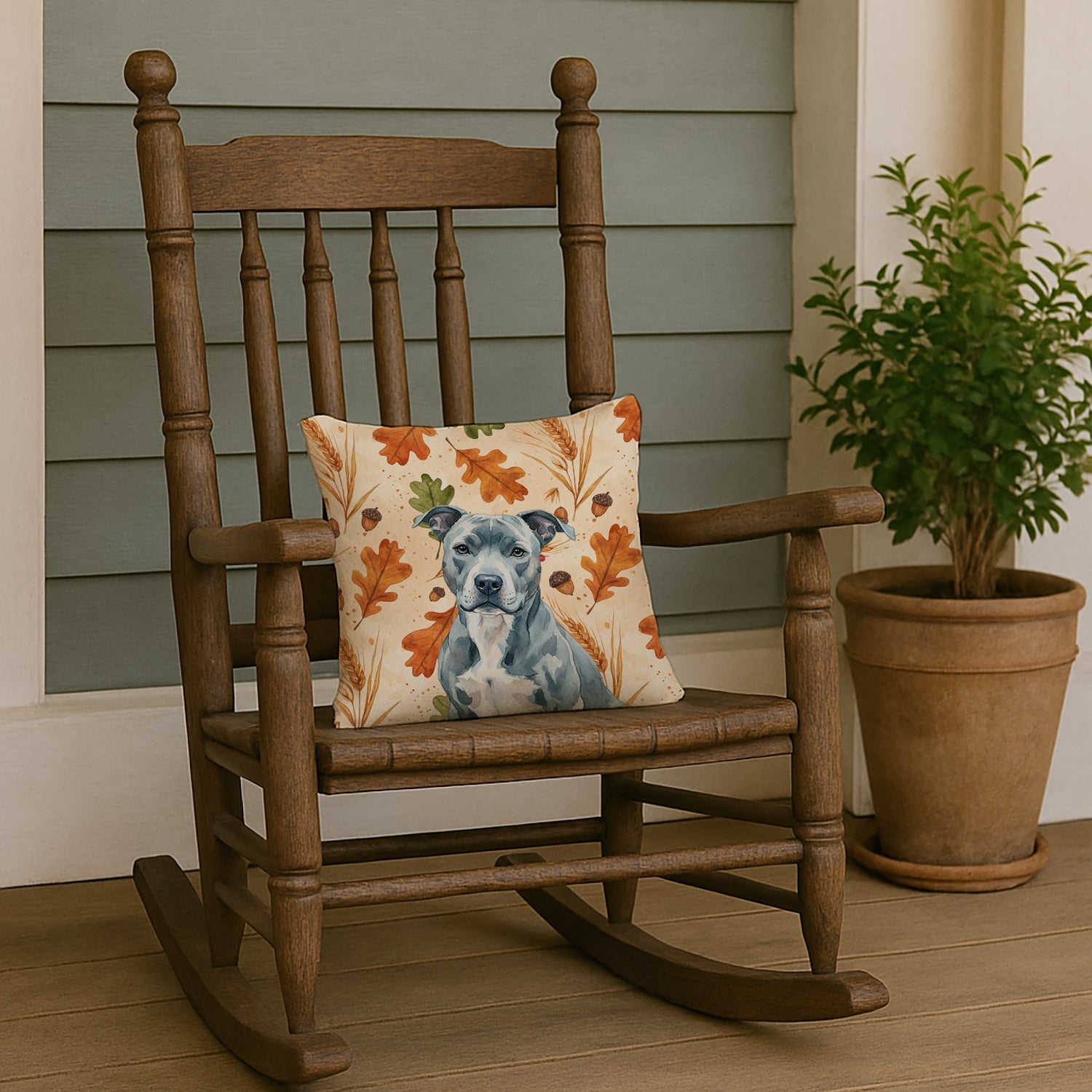 Blue American Staffordshire Terrier Heirloom Fall Decorative Throw Pillow 14x14 Indoor Outdoor Accent Cushion, Fabric Cover with Insert for Sofa, Bed, Porch & Living Room