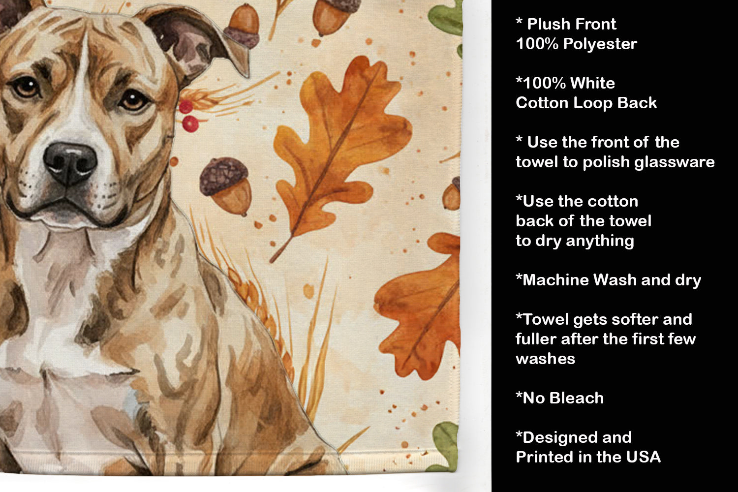 Brindle American Staffordshire Terrier Heirloom Fall Kitchen Towel Velour Plush Front and Cotton Loop Back Machine Washable