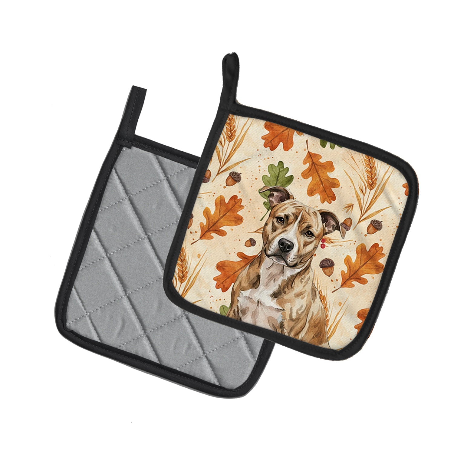 Brindle American Staffordshire Terrier Heirloom Fall Pot Holder Set of 2 Heat Resistant Quilted Hot Pads 7.5 x 7.5 Inch, Insulated Kitchen Trivets for Cooking & Baking