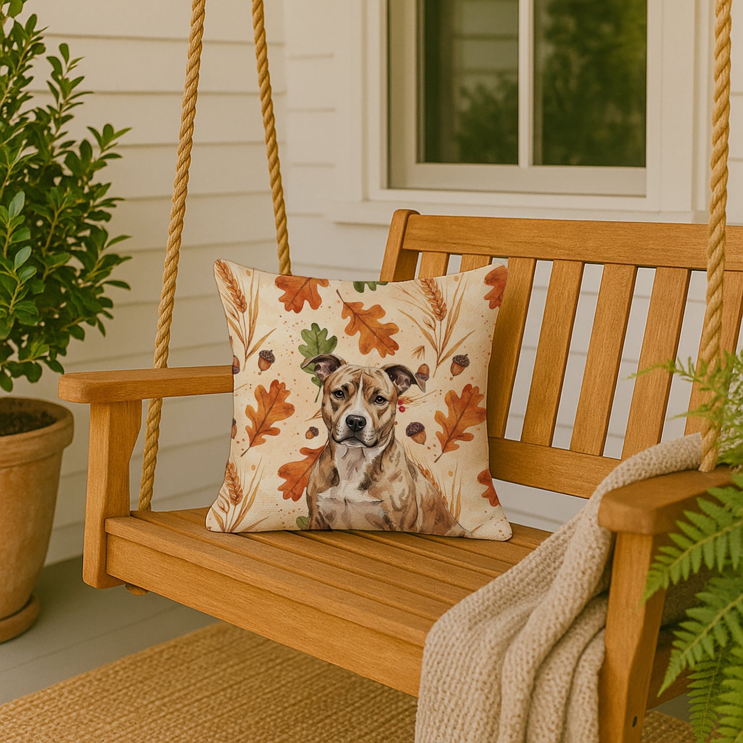 Brindle American Staffordshire Terrier Heirloom Fall Decorative Throw Pillow 18x18 Indoor Outdoor Accent Cushion, Fabric Cover with Insert for Sofa, Bed, Porch & Living Room