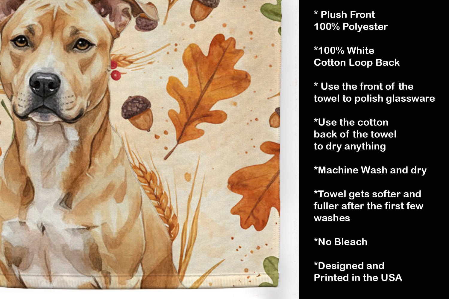 Fawn American Staffordshire Terrier Heirloom Fall Kitchen Towel Velour Plush Front and Cotton Loop Back Machine Washable