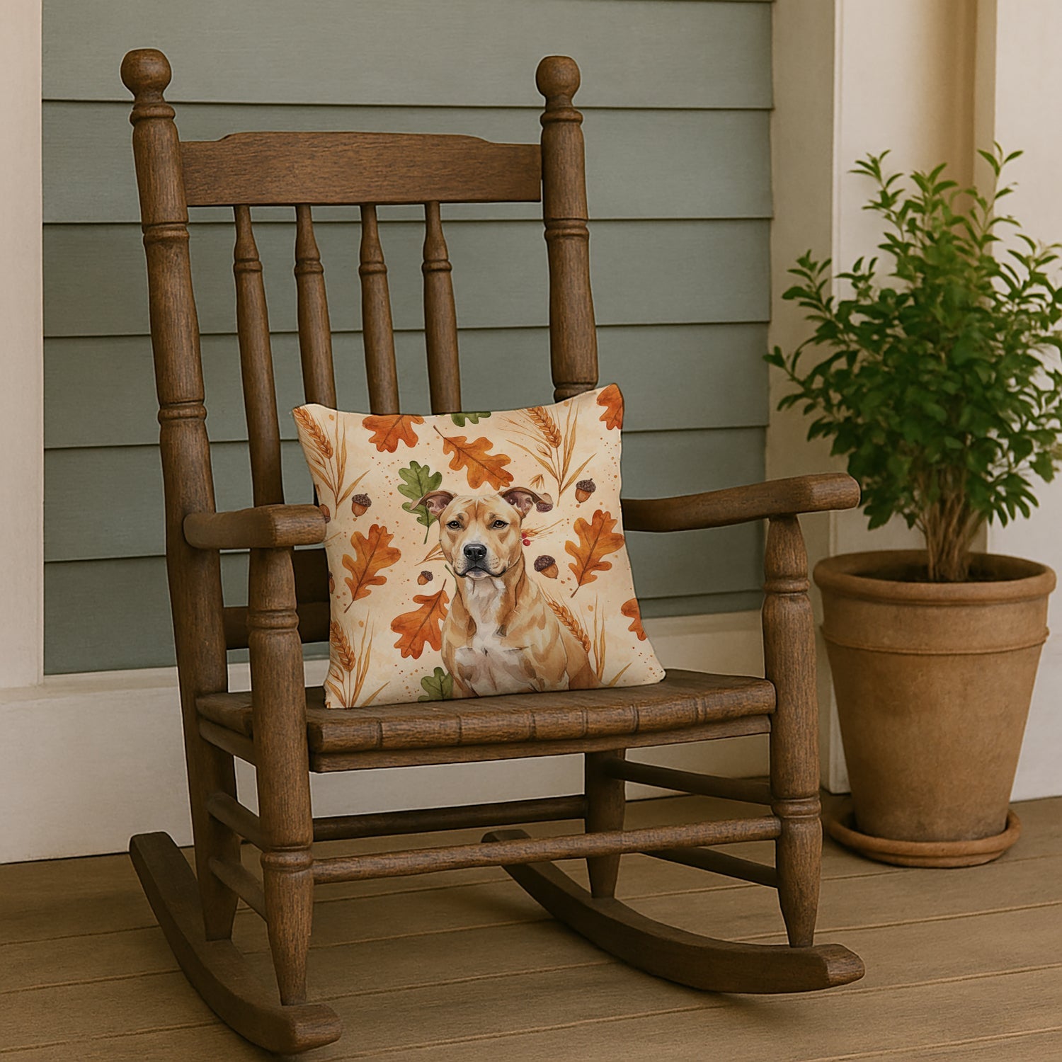 Fawn American Staffordshire Terrier Heirloom Fall Decorative Throw Pillow 14x14 Indoor Outdoor Accent Cushion, Fabric Cover with Insert for Sofa, Bed, Porch & Living Room