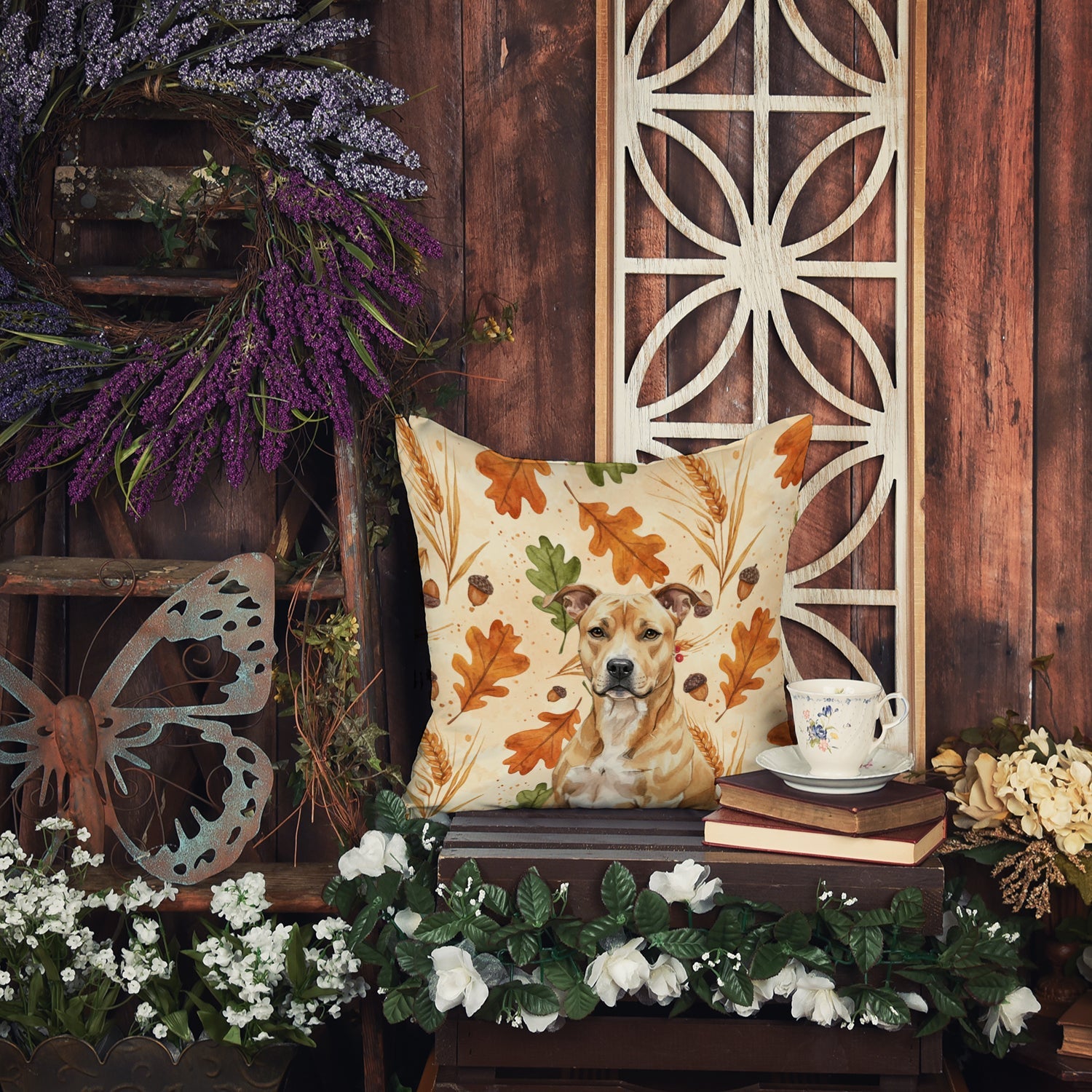 Fawn American Staffordshire Terrier Heirloom Fall Decorative Throw Pillow 14x14 Indoor Outdoor Accent Cushion, Fabric Cover with Insert for Sofa, Bed, Porch & Living Room