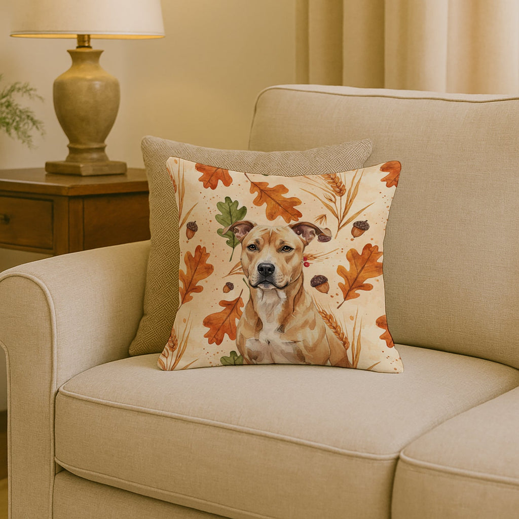 Fawn American Staffordshire Terrier Heirloom Fall Decorative Throw Pillow 18x18 Indoor Outdoor Accent Cushion, Fabric Cover with Insert for Sofa, Bed, Porch & Living Room