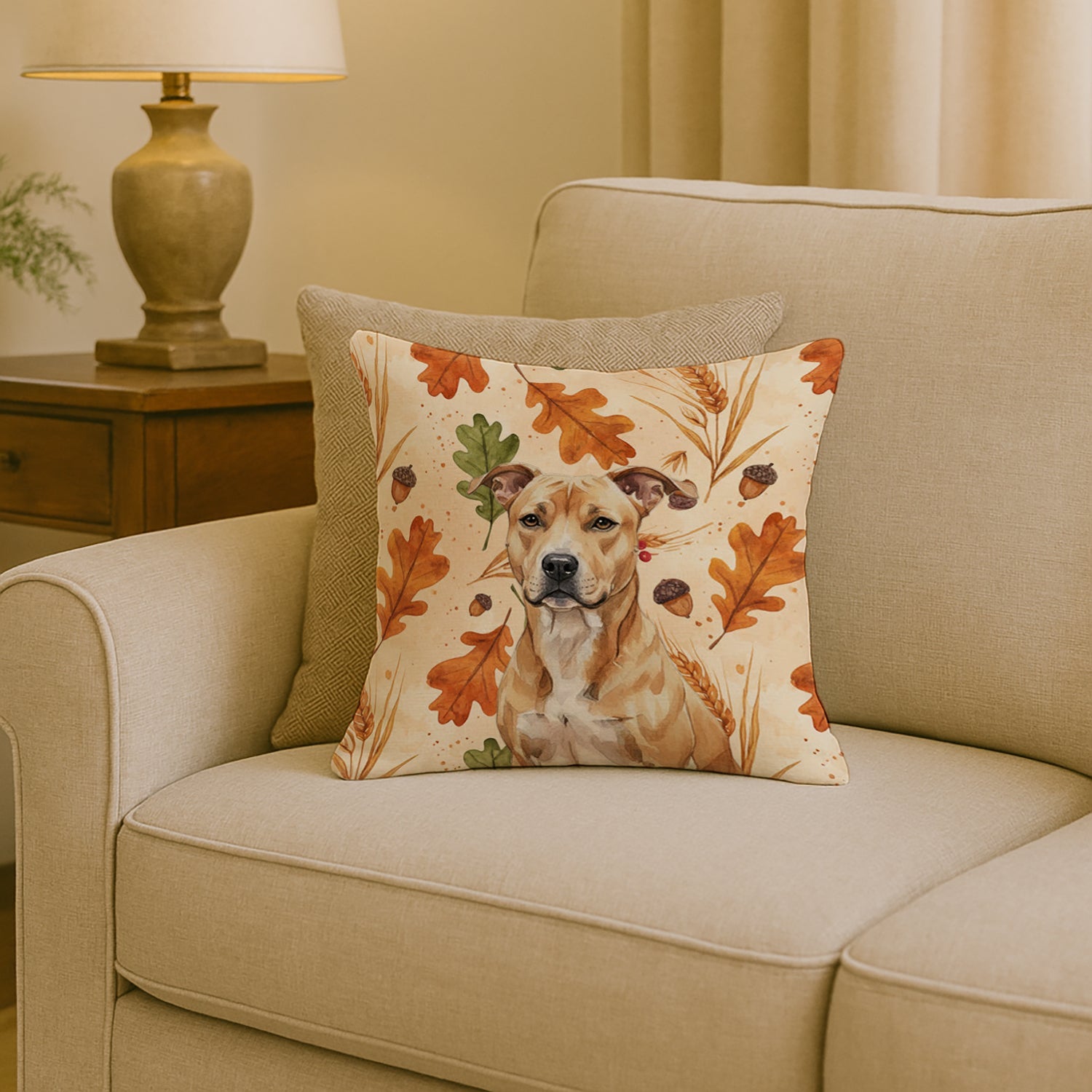 Fawn American Staffordshire Terrier Heirloom Fall Decorative Throw Pillow 18x18 Indoor Outdoor Accent Cushion, Fabric Cover with Insert for Sofa, Bed, Porch & Living Room