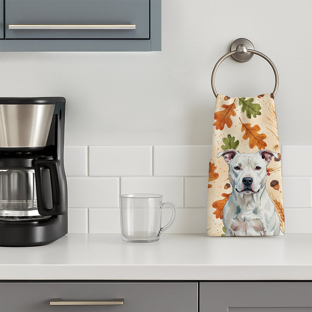 White American Staffordshire Terrier Heirloom Fall Kitchen Towel Velour Plush Front and Cotton Loop Back Machine Washable