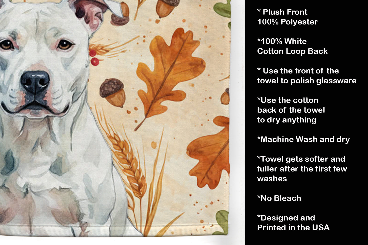 White American Staffordshire Terrier Heirloom Fall Kitchen Towel Velour Plush Front and Cotton Loop Back Machine Washable