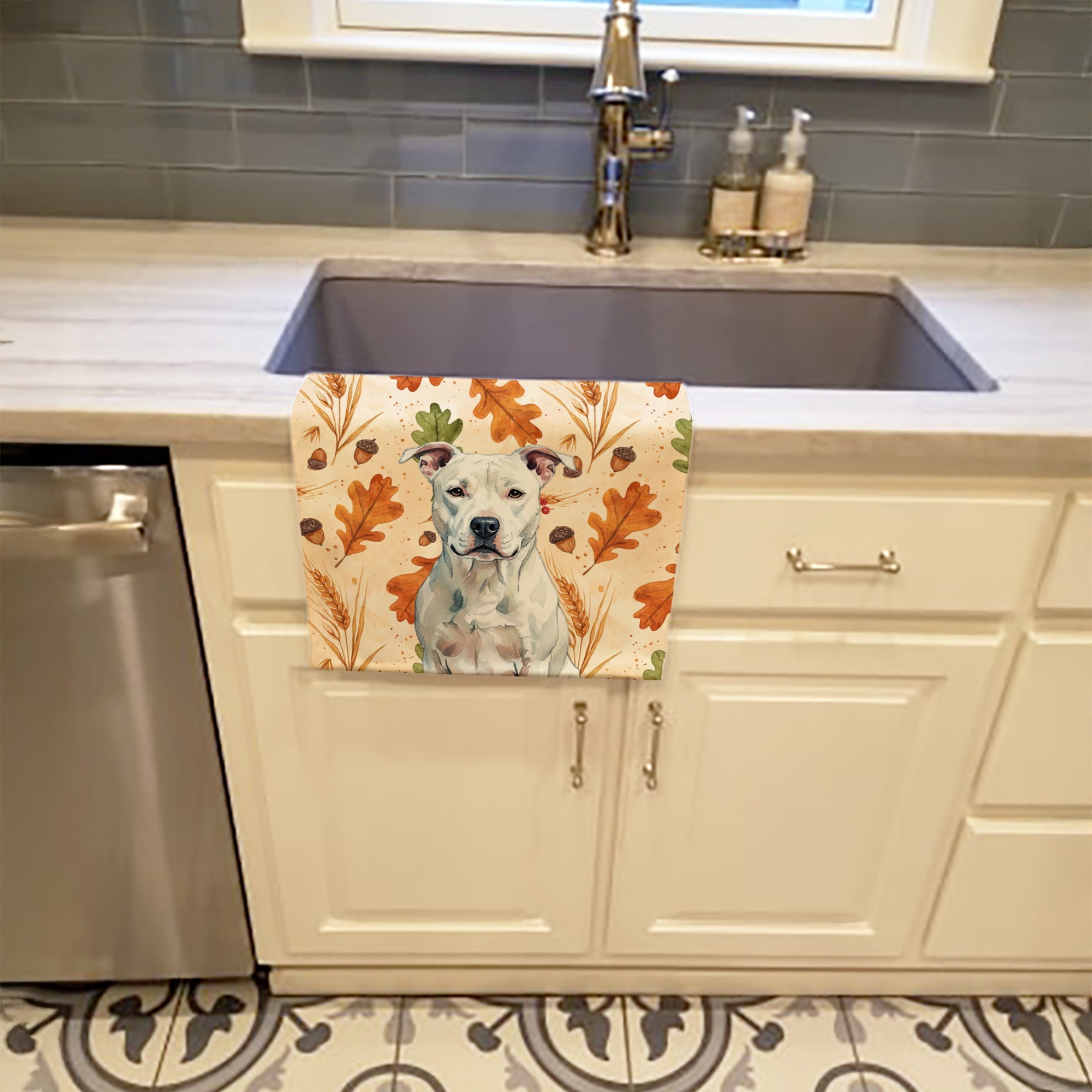 White American Staffordshire Terrier Heirloom Fall Kitchen Towel Velour Plush Front and Cotton Loop Back Machine Washable