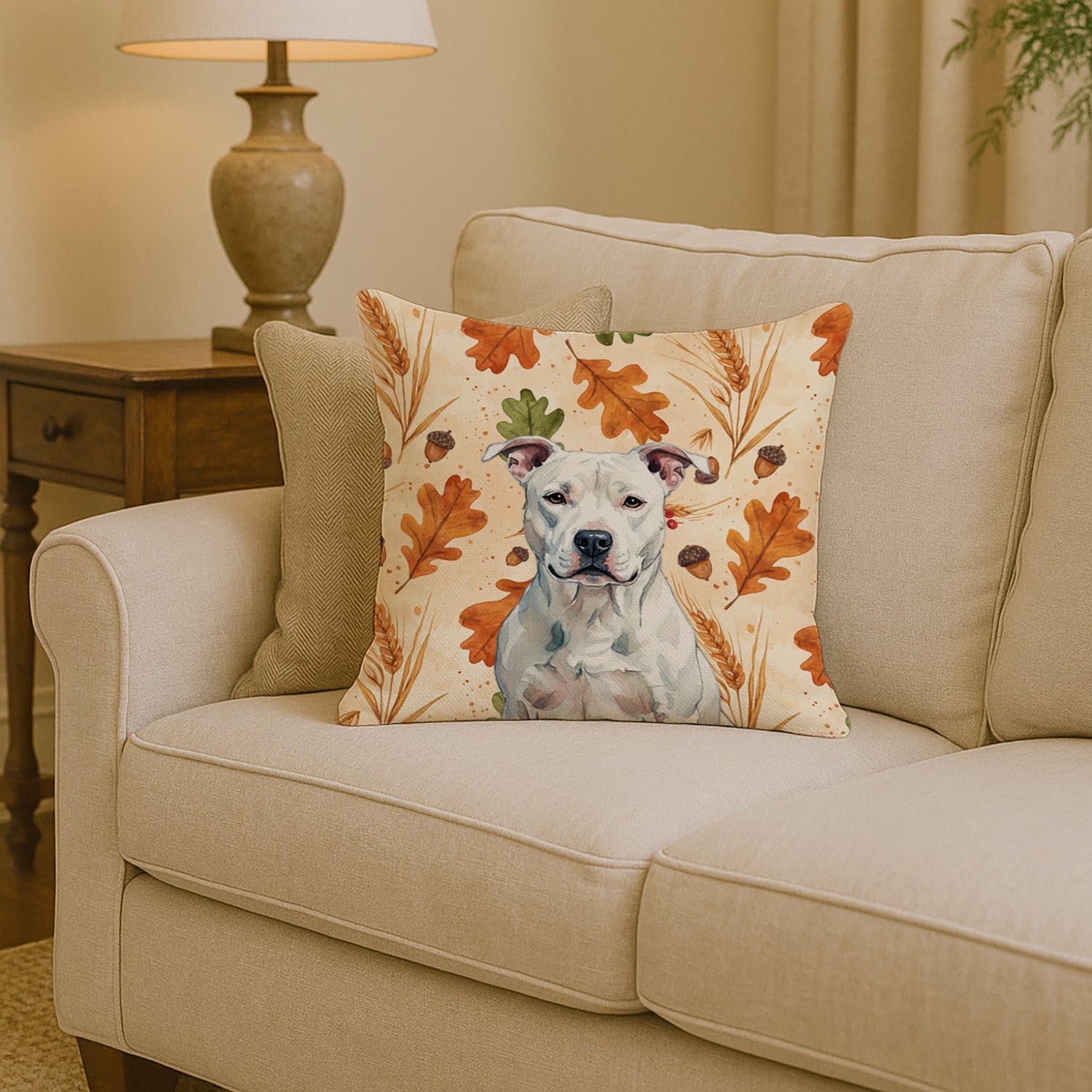 White American Staffordshire Terrier Heirloom Fall Decorative Throw Pillow 14x14 Indoor Outdoor Accent Cushion, Fabric Cover with Insert for Sofa, Bed, Porch & Living Room