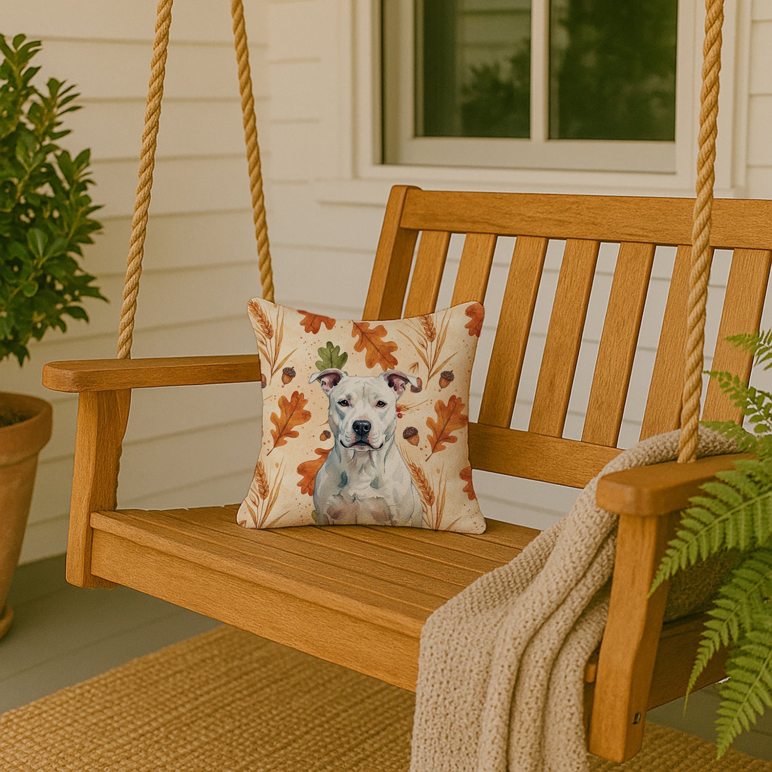 White American Staffordshire Terrier Heirloom Fall Decorative Throw Pillow 14x14 Indoor Outdoor Accent Cushion, Fabric Cover with Insert for Sofa, Bed, Porch & Living Room
