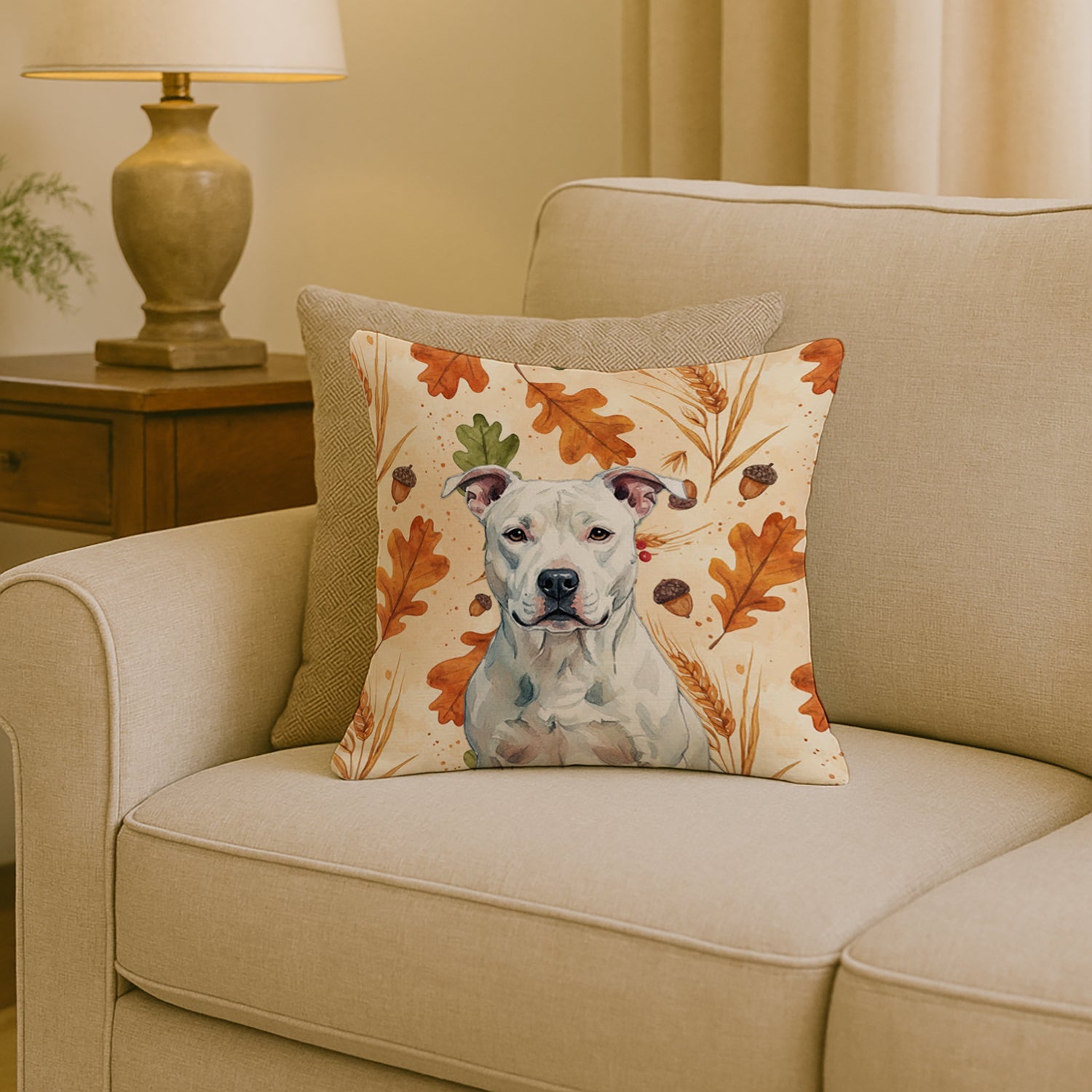 White American Staffordshire Terrier Heirloom Fall Decorative Throw Pillow 18x18 Indoor Outdoor Accent Cushion, Fabric Cover with Insert for Sofa, Bed, Porch & Living Room