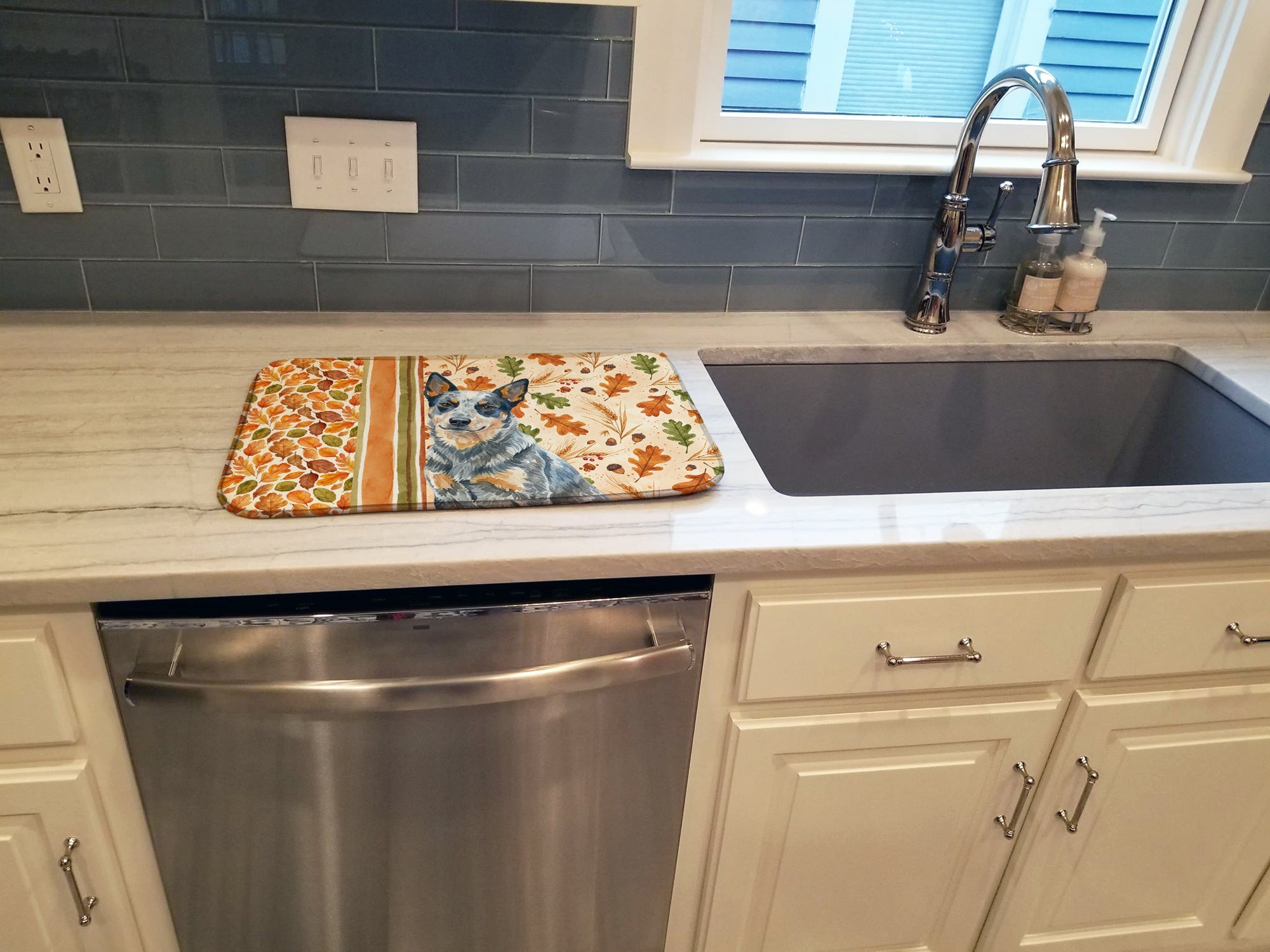 Blue Heeler Australian Cattle Dog Heirloom Fall Dish Drying Mat Absorbent Dish Drying Mat Pad for Kitchen Counter Dish Drainer Mat for Countertop, 14 x 21", Multicolor