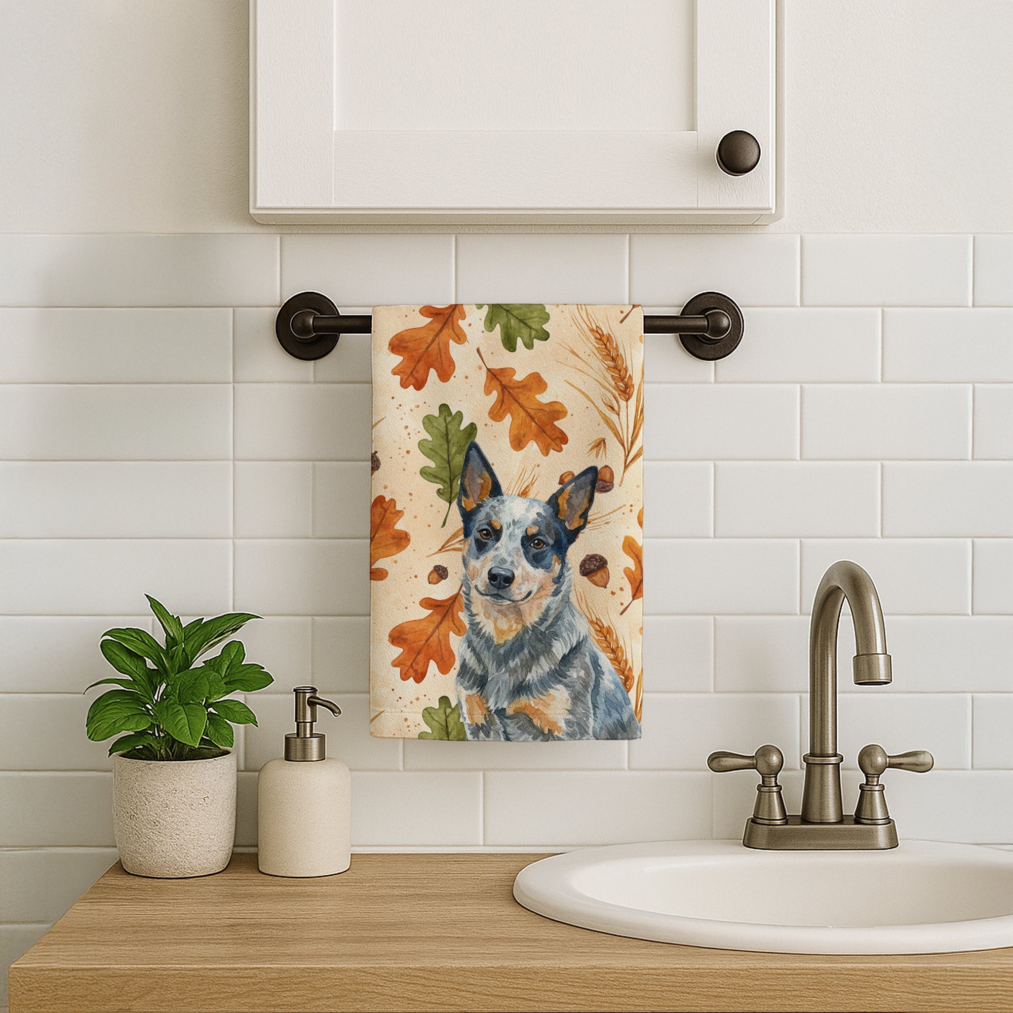 Blue Heeler Australian Cattle Dog Heirloom Fall Kitchen Towel Velour Plush Front and Cotton Loop Back Machine Washable