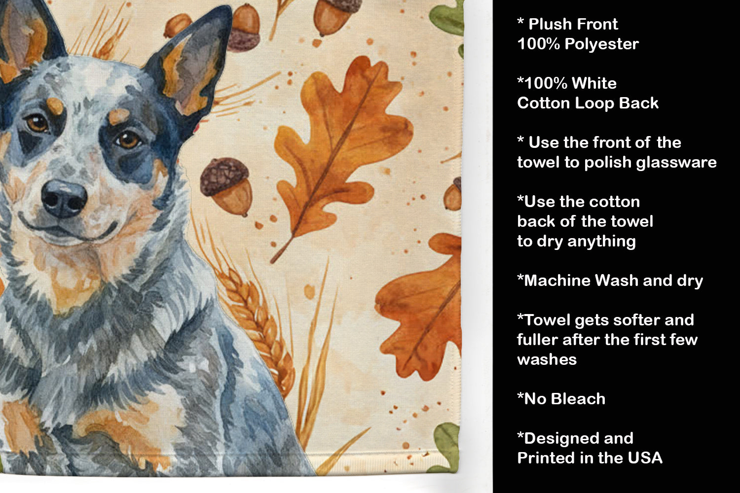 Blue Heeler Australian Cattle Dog Heirloom Fall Kitchen Towel Velour Plush Front and Cotton Loop Back Machine Washable