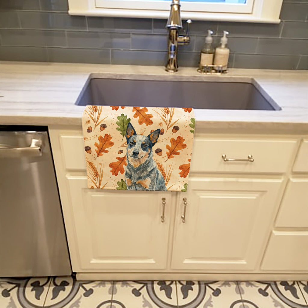 Blue Heeler Australian Cattle Dog Heirloom Fall Kitchen Towel Velour Plush Front and Cotton Loop Back Machine Washable