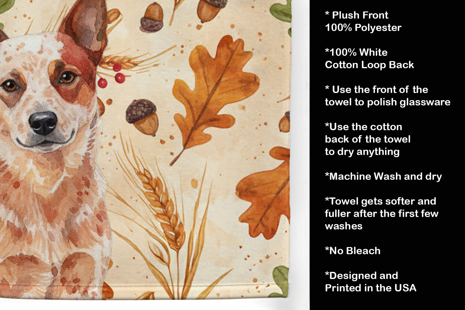 Red Heeler Australian Cattle Dog Heirloom Fall Kitchen Towel Velour Plush Front and Cotton Loop Back Machine Washable