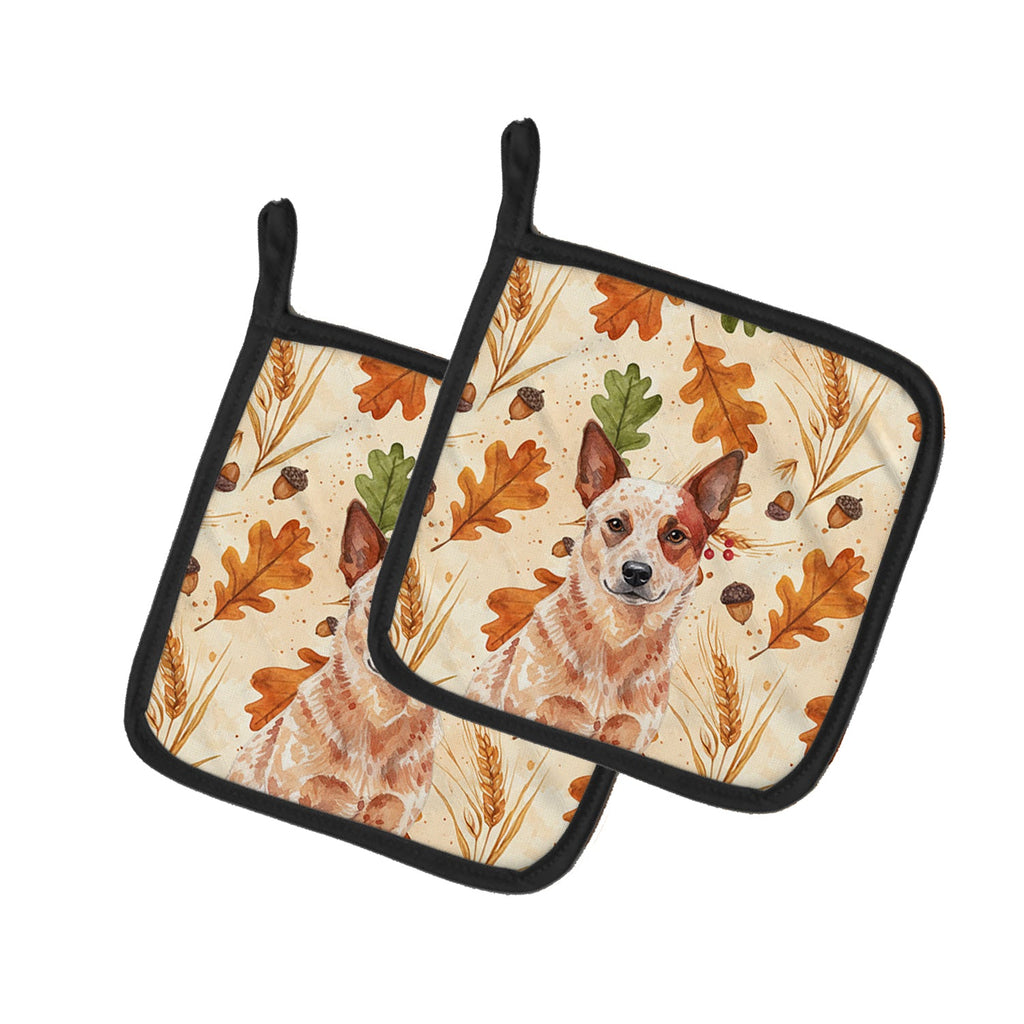 Red Heeler Australian Cattle Dog Heirloom Fall Pot Holder Set of 2 Heat Resistant Quilted Hot Pads 7.5 x 7.5 Inch, Insulated Kitchen Trivets for Cooking & Baking
