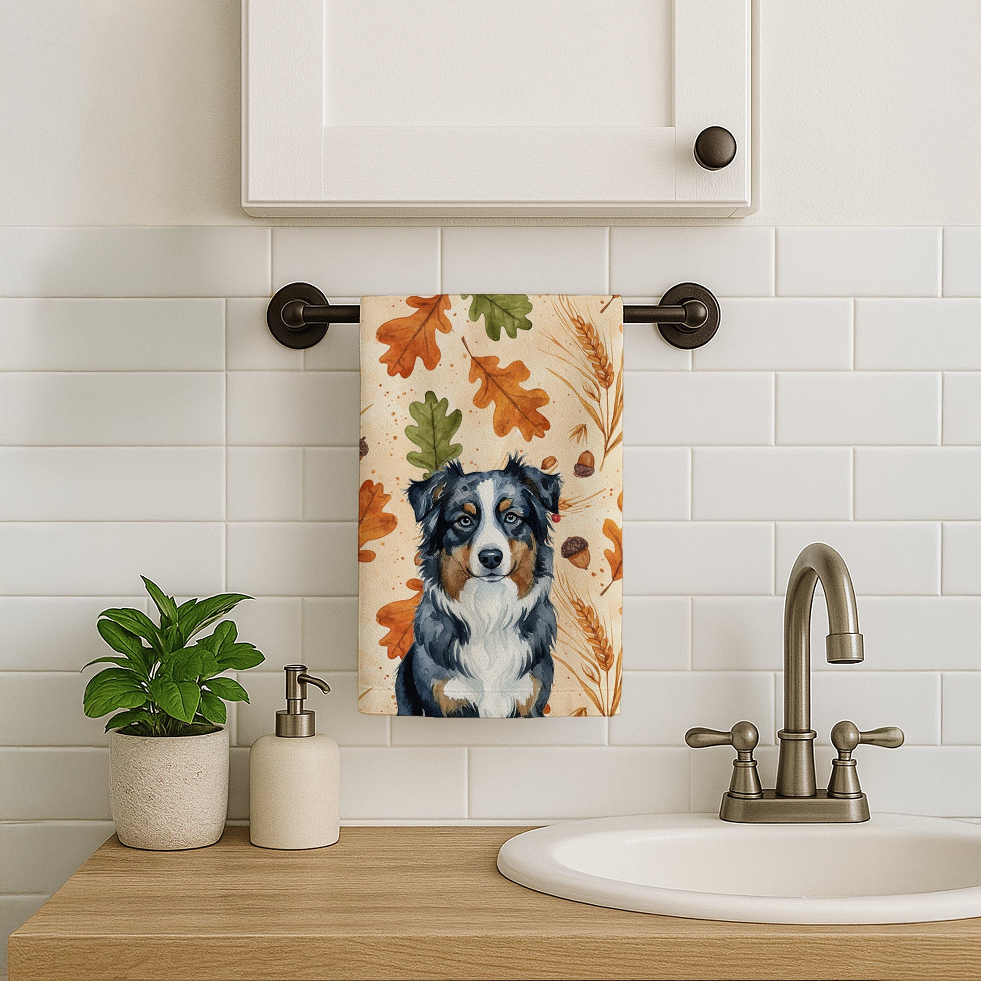 Black Australian Shepherd Heirloom Fall Kitchen Towel Velour Plush Front and Cotton Loop Back Machine Washable